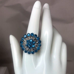 BLUE SPINEL & White Topaz Accent Round Sterling Silver Cocktail Ring Sz 7-1/4 - Picture 1 of 16