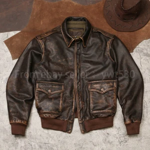 Handmade Distressed Teacore Cowhide A2 Men's Leather Short Bomber Jacket - Picture 1 of 18