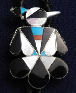 ZUNI A. DISHTA STERLING MULTI STONE Inlay HANDMADE THUNDERBIRD BOLO TIE Estate - Picture 1 of 4