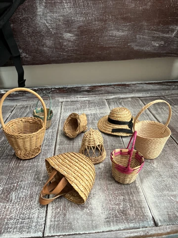 Lot of 8 Vintage Miniature (Mini) Woven 1" - 2.5” Baskets (doll house size) Hat Cover