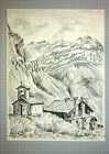Zeichnung Auf Papier H.Kühn, Landschaft, Berge, Kirche, Kapelle, Hütte