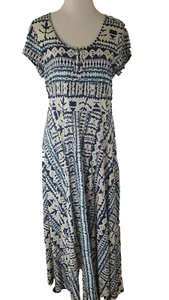 Chaps Blue Oatmeal Print Maxi Dress Sz Large Short Cap Sleeves Scoop Neck 3253 - Picture 1 of 6