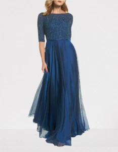 LA FEMME Evening Dress Gown 3/4 Sleeves Beaded Chiffon Plated Blue Size 8 - Picture 1 of 9