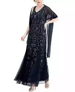 J KARA Beaded Long Dress With Scarf - Navy, Size:12 MSRP $289 P - Picture 1 of 5