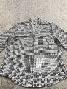 Dana Buchman Women Geometric 3/4 Sleeve V-Neck Button-Up Shirt White Size L - Picture 1 of 9
