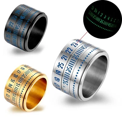 14MM Luminous Time Number Spinner Ring Stainless Steel Men's Spinning Biker Band - Image 1 of 4