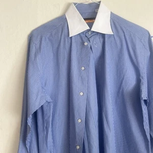 Davide Cenci Blue Striped White Collar Cotton Shirt Man Size 16/41 Italy EUC - Picture 1 of 6