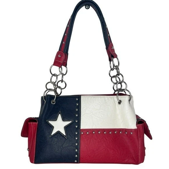 Bolso de Mano Occidental Montana West Texas Pride Rojo, Blanco y Azul Tachonado Cuero Vegano Foto 1 de 4