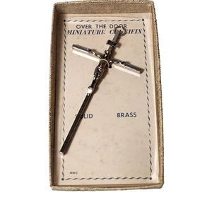 Over the Door Miniature Crucifix Cross Jesus Solid Brass 3.5" x  2" Silver Tone - Picture 1 of 9