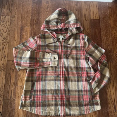 Nuevo L.L. Camisa de franela a cuadros Bean Scotch para mujer grande relajada cremallera sudadera con capucha marrón Foto 1 de 4
