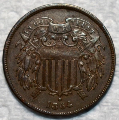 About Uncirculated 1864/1864 FS-1303 Two Cent Piece, Razor-Sharp, Dramatic RPD. - Image 1 of 4