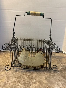 Vintage Large Wire Basket with Chicken Decor and Wooden Handles Rustic Farmhouse - Picture 1 of 11
