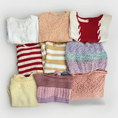 Lote de 9 suéteres femininos vintage anos 60 e 70 feitos à mão multicoloridos pastel XS-L boho - Imagem 1 de 4