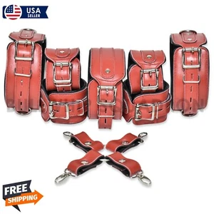 7-Piece Restraint Cowhide Leather Cuffs & Neck Collar Set - Wrist, Ankle & Thigh - Picture 1 of 9