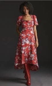 Anthropologie Maeve Puff-Sleeve Midi Dress Size US 6 Red Floral Easter Cottage  - Picture 1 of 13