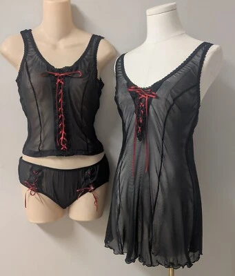 Secret Treasures Y2K 3 PC Black Mesh Lingerie Eyelet Red Corset Ribbon Ties S - Image 1 of 4