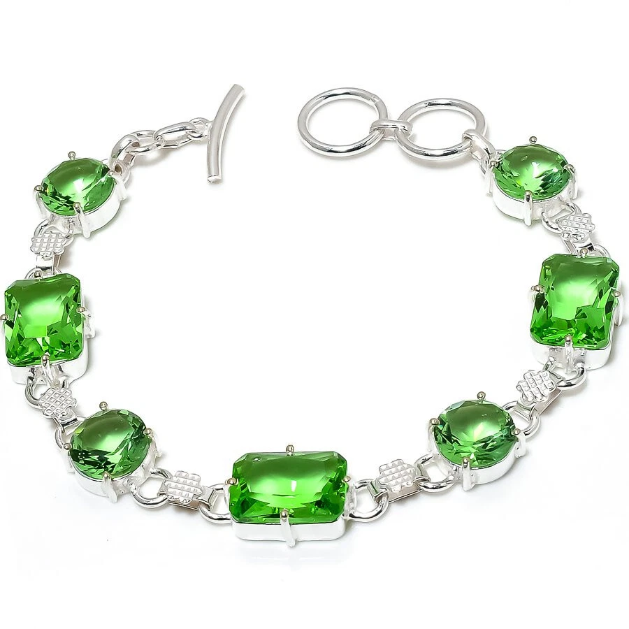Peridot Quartz Gemstone Silver Plated Bracelet Jewelry 7-9" - Image 1 of 1