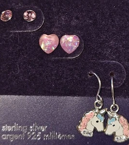 3 PC CLAIRE'S 925 STERLING SILVER EARRINGS ENAMEL HOOK UNICORN HEART PINK STUDS - Picture 1 of 4