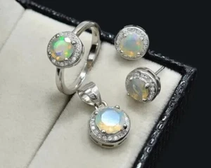 7Ct Round Lab-Created Fire Opal Halo Women's Necklace Set 14K White Gold Plated - Picture 1 of 14