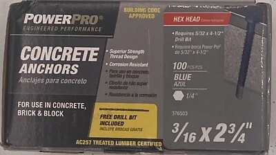 Tornillos de hormigón de cabeza hexagonal Power Pro de 3/16 pulgadas x 2-3/4 pulgadas anclajes (paquete de 100) Foto 1 de 4