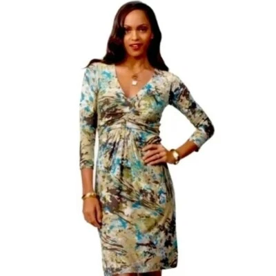 CABI Gallery Dress V-Neck Abstract Watercolor Earth Tones Sz S #850 NWT - Image 1 of 4