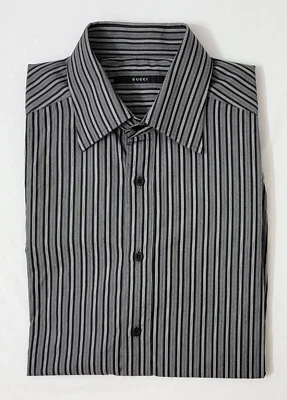 Gucci Men' Long Sleeves Cotton Shirt - Gray w/ Black Stripes - Size 17US/43IT - Image 1 of 4