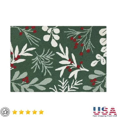 Green Holly Accent Rug Indoor Christmas Decor Hand-Hooked Polypropylene Mat New