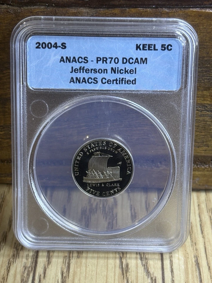 2004-S ANACS Jefferson Keel Boat Nickel 5c Proof Deep Cameo PR 70 DCAM - Image 1 of 2