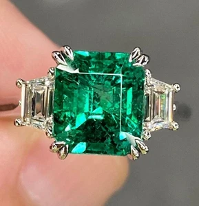 0.60 Carat Real Diamond Green Emerald Engagement Trilogy Ring Solid 950 Platinum - Picture 1 of 10