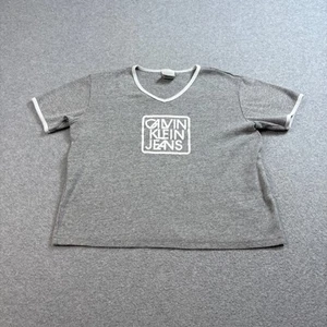 Calvin Klein Jeans Shirt Woman Large Gray White Ringer Tee Made USA Babydoll Y2K - Picture 1 of 8