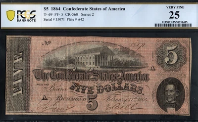 PCGS 25! 1864 CONFEDERATE STATES T-69 $5 NOTE - Image 1 of 2