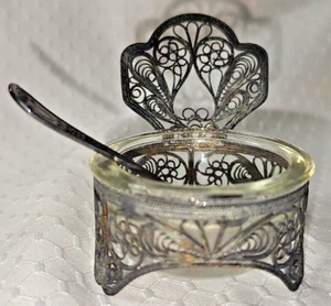 Cantina caviale sale filigrana Hollywood Regency vintage metà secolo con cucchiaio - Foto 1 di 5