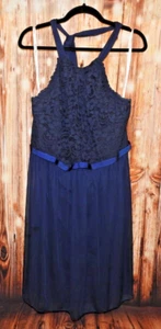 David's Bridal Marine NAVY Blue Tea Length Lace and Chiffon Halter Dress Size 18 - Picture 1 of 6