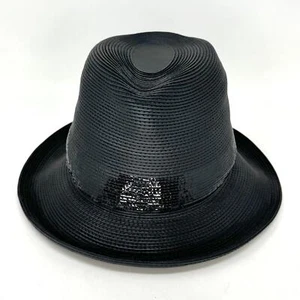 29 - Vtg Y2K Patricia Underwood NY Black Leather Patent Band Fedora Hat sz M - Picture 1 of 8