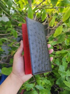 Black/Red Doubeside Genuine ostrich Body Leather Skin Men's Long Wallets - Picture 1 of 15