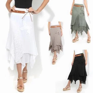 Para mujer Boho Gitana Falda Maxi Cortina Algodón Niveles Largos Encaje Dobladillo Enganchado Festival - Imagen 1 de 15