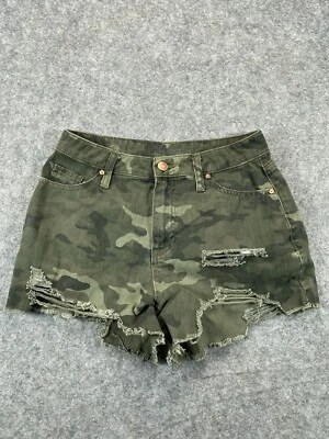 NOBO Jean Womens 26 Green Camo Jean Shorts Denim Cut Offs Distress Juniors 3 - Image 1 of 4
