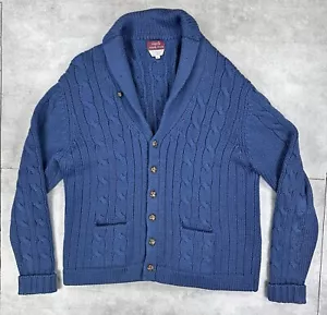 Vtg Wool Cable Knit Cardigan Macys Mens Store XL Blue Fisherman Shawl Grandpa - Picture 1 of 15