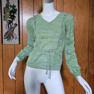 Vintage 60s Mod Hippie Lime Bishop Sleeve Poet Sweater Blouse Top Jumper S/M - Picture 1 of 8