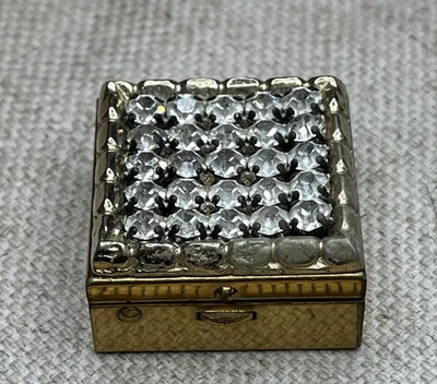 Vintage square brass trinket pill box with rhinestone design and inner mirror  - Image 1 of 4