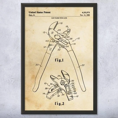 Slip Pliers Patent Wall Art Poster, Canvas or Framed Construction Worker - Image 1 of 4