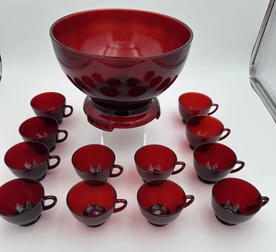 VTG Anchor Hocking Royal Ruby Red 14 pcs: Punch Bowl, Pedestal Base & 12 Cups - Image 1 of 4