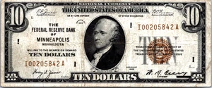 1929 $10 FRN (MINNEAPOLIS) VF Fr. 1860-I (LOW SERIAL I00205842A) - Picture 1 of 3