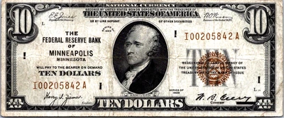 1929 $10 FRN (MINNEAPOLIS) VF Fr. 1860-I (LOW SERIAL I00205842A) - Image 1 of 3