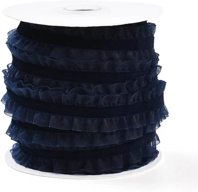 Cinta de organza elástica elástica con doble volante azul marino de 20 yardas Foto 1 de 4