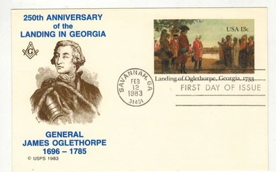 UX98 LANDING GENERAL JAMES OGLETHORPE GEORGIA & KENICK MASONIC 2 SIDED CACHET - Image 1 of 2