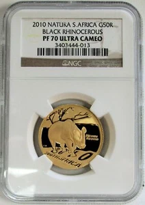 2010 GOLD SOUTH AFRICA NGC PROOF 70 UC 50 RAND BLACK RHINO NATURA 1/2oz - Picture 1 of 3