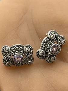 Judith Jack Marcasite & Purple Amethyst Sterling Silver Omega Back Earrings FZ - Picture 1 of 4