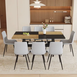 Dining Set Black & Wooden Spliced Dining Table w Storage Curved Widened Cushion - Picture 1 of 22