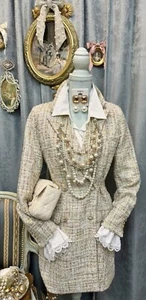 NWT Beige Blue Tweed Dress Coat Size S With Jewelry Set - Picture 1 of 12